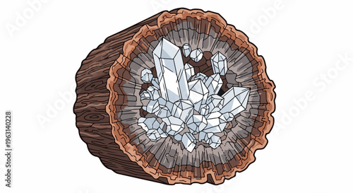 Cross section of a hollow tree trunk filled with sparkling quartz crystals
