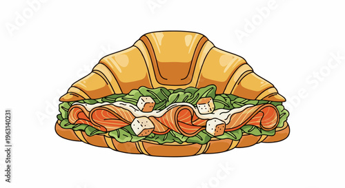 Croissant sandwich with salmon, lettuce, and cheese cubes