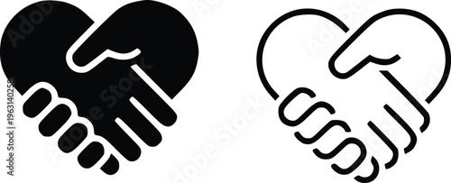 Handshake heart icons set. Care sign. Love, partnership, friendship, hand, hand shake, hands together symbol