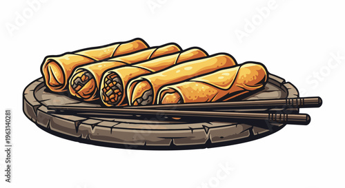 Crispy golden spring rolls arranged on a rustic stone plate with chopsticks