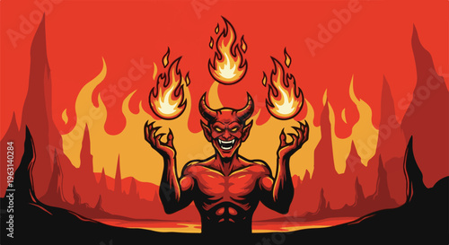 Demonic figure juggling fire amidst hellish landscape of fire and jagged peaks