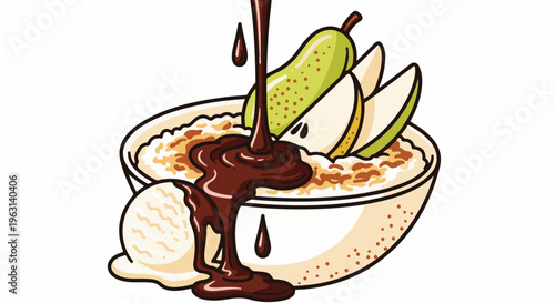 Creamy porridge with pear slices, ice cream, and rich chocolate sauce