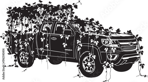 Black pickup truck covered in vines and leaves black vehicle