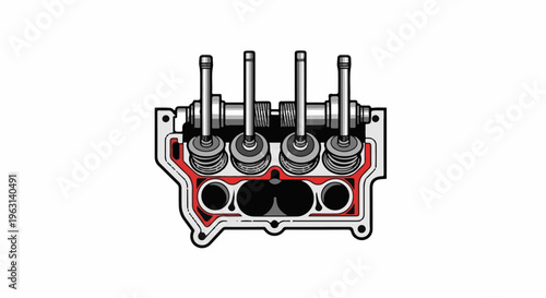 Detailed illustration of a four-cylinder engine cylinder head with valves