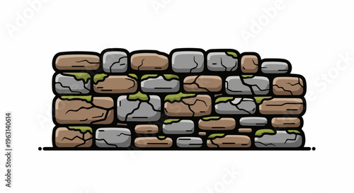 Cracking stone wall with mossy sections and a dark outlined, rustic appearance