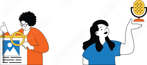 A woman examining a browser while another speaks into a microphone with enthusiasm and engagement shown