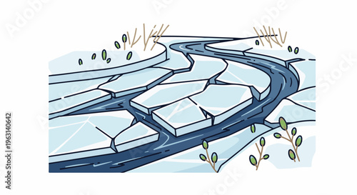 Cracked ice river flowing through a winter landscape with sparse vegetation
