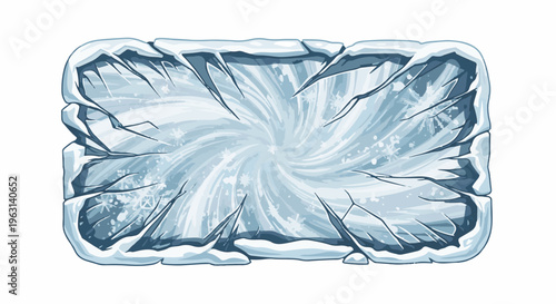 Cracked ice block with swirling frost patterns and snowflakes