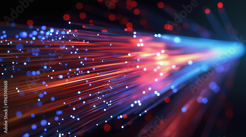 Conceptual side view of a fiber optic cable,energy and light flowing through its core,cable.
Fine, hair-like glass fibers are visible, emitting glowing particles that look like digital dust or data pa