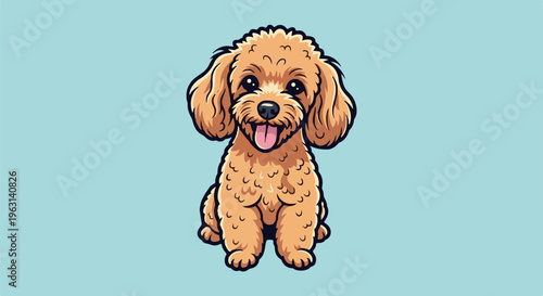 Cute cartoon poodle dog with fluffy golden fur, sitting happily with tongue out