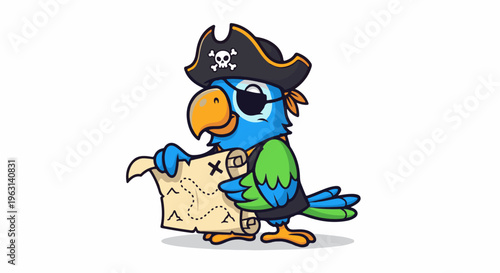 Cute cartoon pirate parrot with eye patch and treasure map