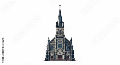Detailed illustration of a gothic-style church with a tall spire and stained glass windows