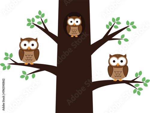 Flat Vector Illustration of Cute Brown Owls Perched on Tree Branches and Inside Hollow Trunk Isolated on White Background for Children Design and Education
