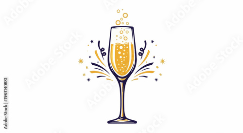 Elegant champagne flute with festive bubbles, stars, and confetti