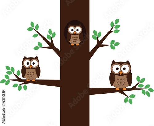 Cute Flat Vector Illustration Featuring Three Brown Owls Perched on Green Tree Branches and Inside a Hollow Trunk Isolated on White for Children Design