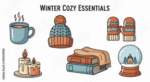 Cozy winter items hot drink, hat, mittens, candles, books, snow globe