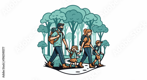 Family hiking adventure through a serene forest landscape