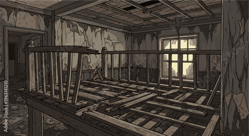 Dilapidated interior room with broken floorboards, peeling walls, and debris