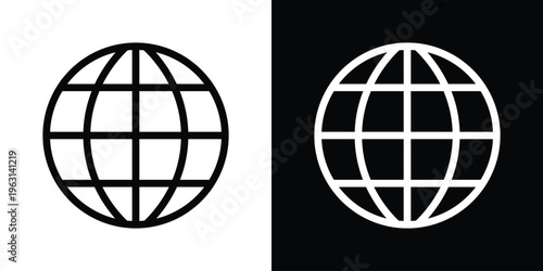 Minimalist vector illustration of a wireframe globe grid. Perfect for representing global communications, international logistics, worldwide networking, and geographic data.
