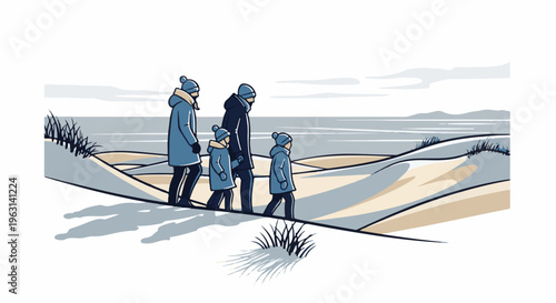 Family in winter coats walks through snowy dunes towards the ocean
