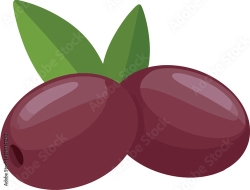 Vector of two Kalamata olives with green leaves, isolated on white background, clean and modern design for food branding, packaging, healthy diet concepts, and Mediterranean cuisine visuals.