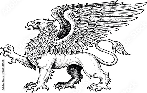 Griffin Illustration with Detailed Feathers and Wings for Fantasy, Mythical Creatures, and Heraldic Design Projects