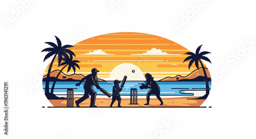 Family plays cricket on a beach at sunset with palm trees