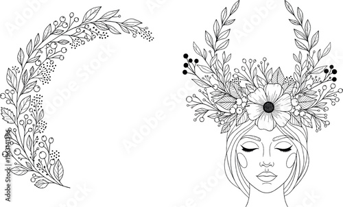 Floral Crown and Wreath Illustration with Detailed Flowers and Leaves for Bohemian, Nature, and Decorative Design Projects