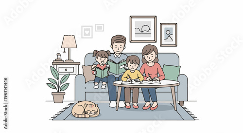 Family reading and writing together on a sofa with a cat