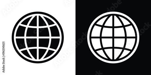 Strong, bold vector icon of a circular globe with thick grid lines. Ideal for representing global business, environmental awareness, world news, and international trade symbols.