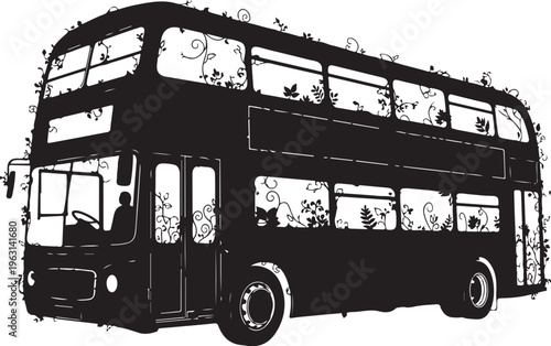 Black silhouette double decker bus with floral vines