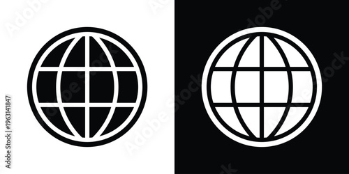 Strong, bold vector icon of a circular globe with thick grid lines. Ideal for representing global business, environmental awareness, world news, and international trade symbols.