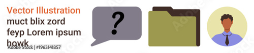 Digital communication, file storage, personal identity, information exchange, records organization, team management. Speech bubble with question mark, folder icon person avatar. Communication