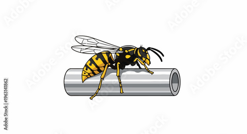 Detailed illustration of a yellow and black wasp resting on a silver pipe
