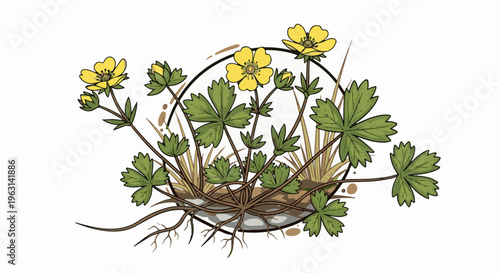 Detailed illustration of a wild yellow flower with green leaves and exposed roots