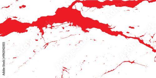 Vibrant red paint splashes and ink splatters create a grunge textured backdrop with artistic blood-like stains and spray patterns for a bold vector design