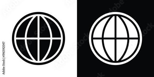 Strong, bold vector icon of a circular globe with thick grid lines. Ideal for representing global business, environmental awareness, world news, and international trade symbols.
