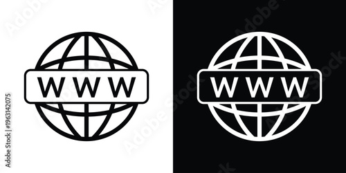 World wide web icon showing a globe with a prominent "WWW" banner overlay. High-quality vector symbol for domain registration, hosting services, and global internet access.