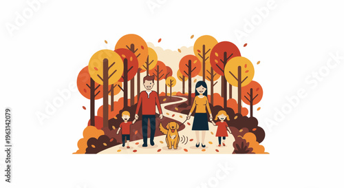 Family walks their dog through an autumn forest path