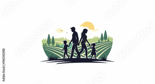 Family walks through cultivated fields under a soft sun