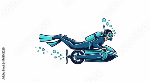 Diver with underwater scooter and bubbles