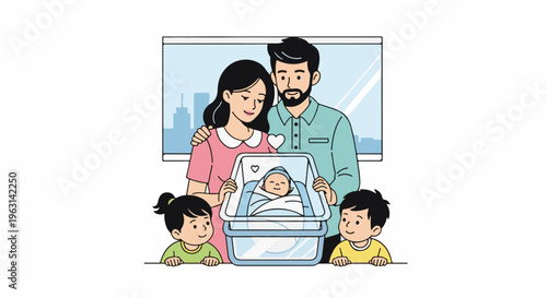 Family with newborn and two children, city skyline view