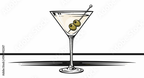 Elegant martini glass with olives on a pick, isolated on white