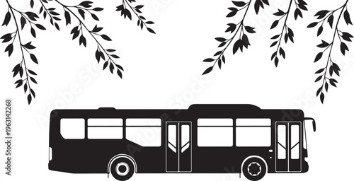 Black silhouette of a bus with leafy branches on white background