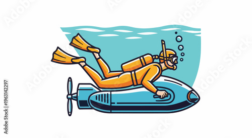 Diver with yellow suit rides blue submersible under water