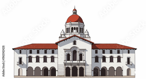 Elegant white building with a prominent red dome and arched walkways
