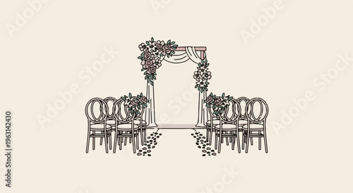 Elegant wedding ceremony setup with floral arch and chairs