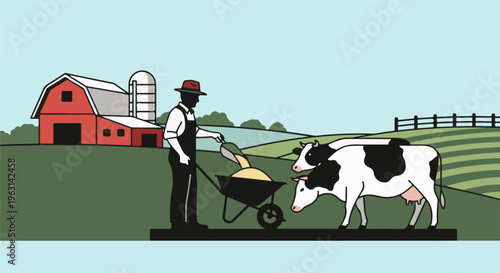 Farmer feeding cows near a barn on a pastoral landscape
