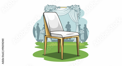 Elegant white chair at a wedding ceremony with floral arch and silhouetted guests
