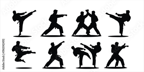 Martial arts silhouette set, karate fighters performing kicks and punches, combat sport action silhouettes.